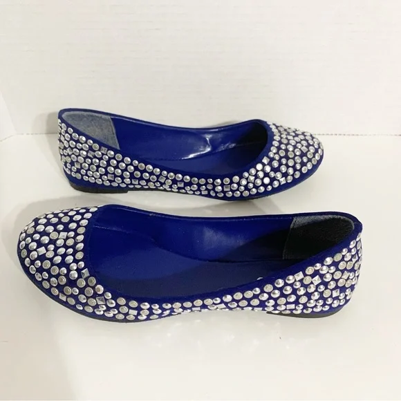 Candies Faux Suede Covered in Silver Toned Studs Rounded Toe Ballet Flats Royal - Picture 4 of 13